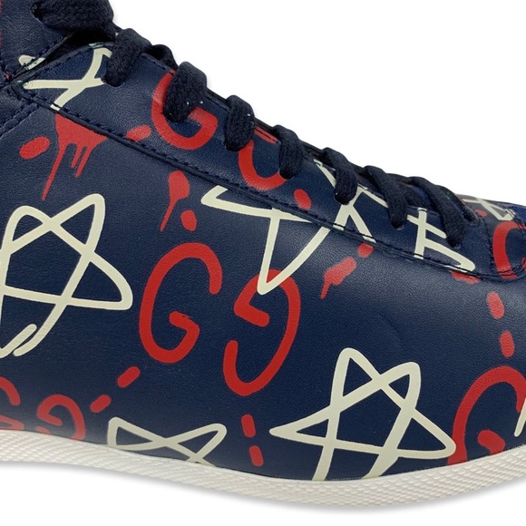 Gucci Ghost Red White and Navy High Top Leather Sneakers - Picture 8 of 16
